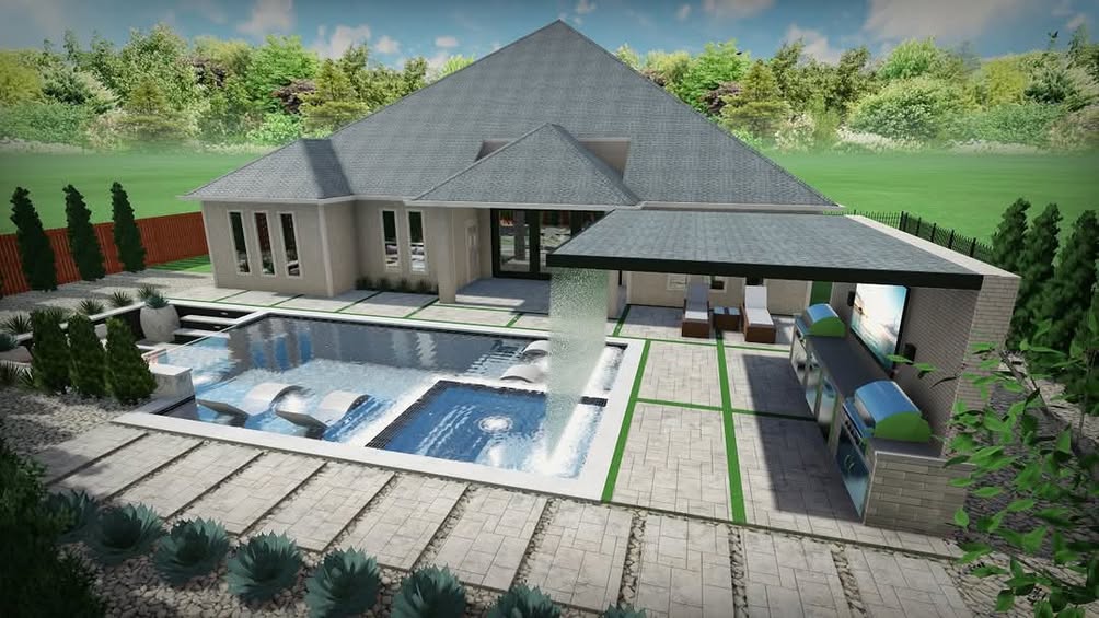 3d pool design with waterfall landscaping and outdoor kitchen 3d pool design with waterfall landscaping and outdoor kitchen