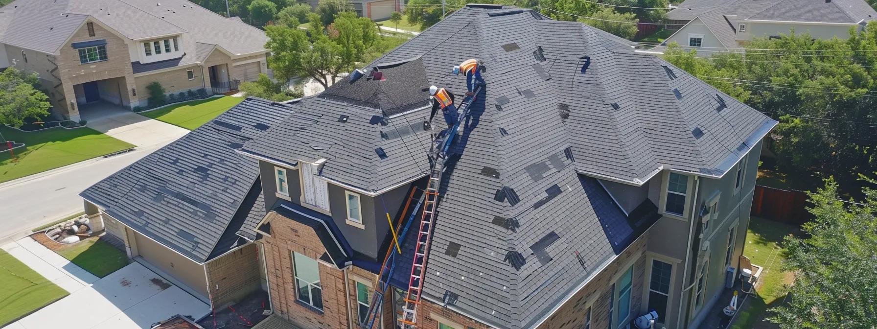 a modern urban rooftop showcases various roofing materials, each with distinct textures and colors, under bright directional lighting that highlights the differences in durability and style, set against a backdrop of the dfw skyline.