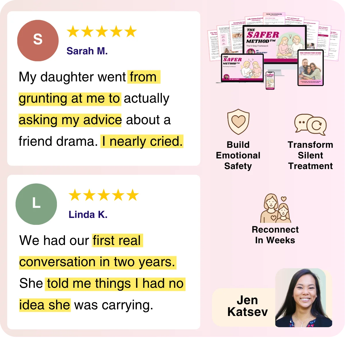 SAFER Methos mockup and testimonials