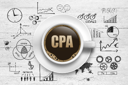 businessman touching CPA / Concept By Coloures-Pic pics from top left clock, graph, frown-smile faces, bullseye circles, outline of head with question, light bulb, explanation point, graph rising to to right, 3D pointer quality, efficiency, profile, downward graph, circle 25% dark, 75% clear, and much more.