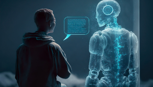 person talking with robotic ai.futuristic technology or machine learning concepts.Generative ai technology  By Limitless Visions