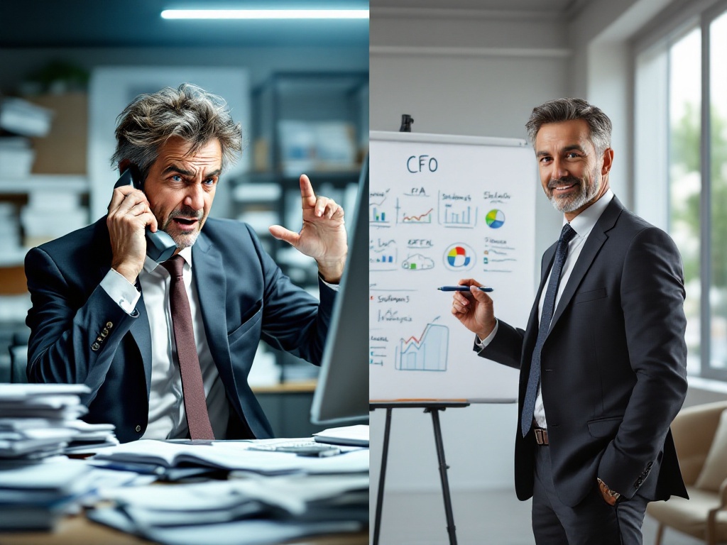 Split screen, left a frazzled CPA with stacks of papers piled on his desk, wearing a dark suit with white shirt and burgundy tie, talking on the phone making hand signals with his left hand. Right a calm male CPA with a marker in his hand, in a dark suit, white shirt, and blue tie, standing at an easel with CFO written at the top, charts and graphs below.