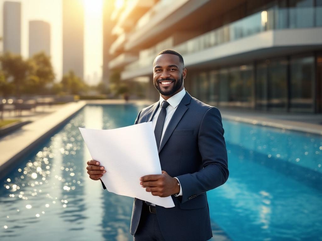 a confident business professional in a suit, standing in front of a modern sleek office building, imaginary blue water moat surrounding the building, sparkling and reflecting sunlight, the professional is holding a blueprint with an expression of pride, golden hour lighting casting long shadows
