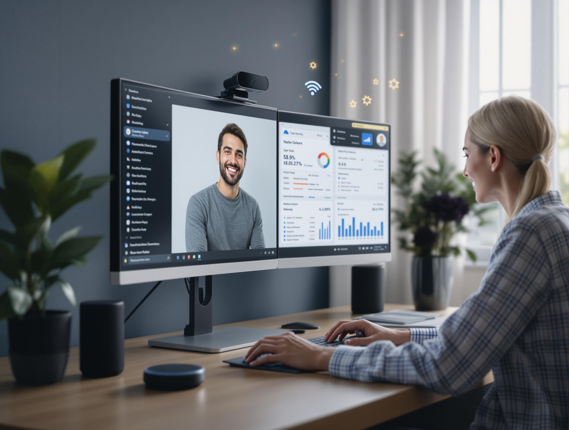 A professional CPA or consultant confidently working from a sleek home office setup — dual monitors show a virtual meeting on one screen and a financial dashboard on the other. The room is well-lit, organized, with a few tech accessories (headset, smart speaker, webcam). On-screen, a smiling client joins via video call, suggesting remote collaboration. Subtle elements like a cloud icon, wi-fi symbol, and automation gears float faintly in the background. The tone is efficient, modern, and connected. Brand-aligned palette of navy, misty slate, and soft golden highlights. --style remote-ready workspace, tech-savvy professional -- vibe confident digital delivery, modern service model