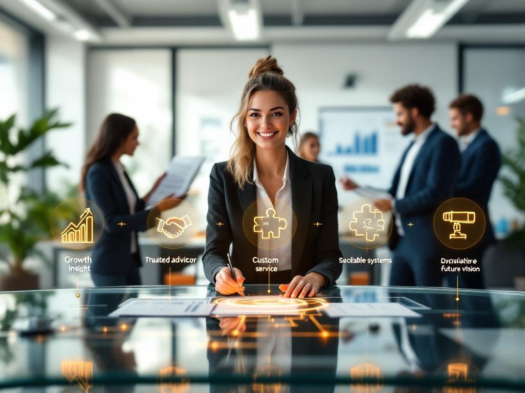 A modern, clean office scene with five glowing icons hovering over a sleek glass desk — each icon representing a "sign" of CFO readiness: a rising graph (growth insight), a handshake (trusted advisor), a custom puzzle piece (tailored service), a tech dashboard (scalable systems), and a telescope (future vision). In the background, a diverse team of professionals (including a confident woman in a blazer) are reviewing strategy documents and financial charts. Bright, soft lighting with golden and navy brand accents. Minimalist line art overlays hint at automation and systems. --style modern, professional, optimistic -- vibe refined tech with human warmth