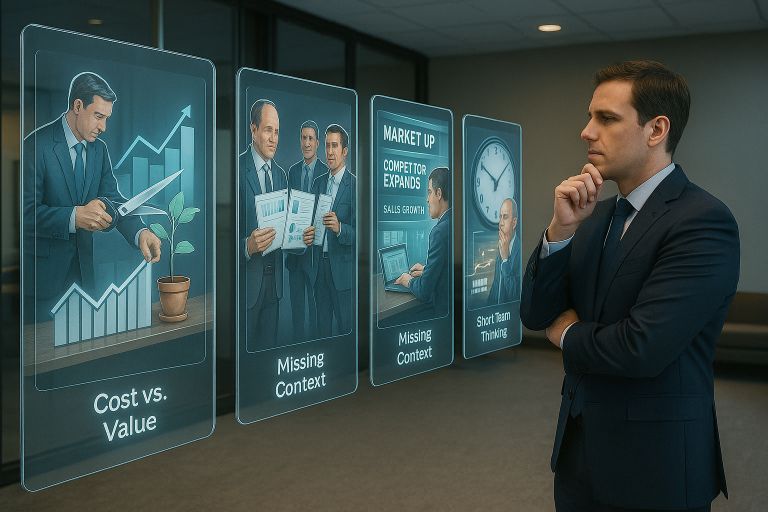  Four transparent panels suspended in a sleek office space, each representing a common strategic mistake made by CPAs. Each panel shows a symbolic scene: 1) a CPA cutting a budget graph that wilts a growing plant (cost vs. value), 2) giving identical reports to vastly different businesses (generic advice), 3) ignoring a window filled with market headlines and competitor data (missing context), and 4) staring at a ticking clock while a long-term roadmap glows in the background (short-term thinking). A thoughtful strategist stands in the center, contemplating the panels.