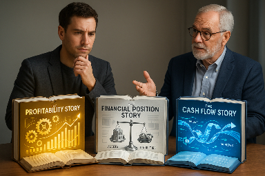 A conceptual split-scene image showing three distinct "financial storybooks" open on a desk, each glowing with different light:  1. The Profitability Story – sleek and golden, filled with gears and graphs representing efficiency and profits.  2. The Financial Position Story – solid and silver, featuring a balance scale, assets and liabilities visually balanced with 3D objects like buildings and debt chains.  3. The Cash Flow Story – fluid and blue, showing a stream of cash weaving through time, connecting inflows and outflows with arrows and time markers. A thoughtful business owner stands in front of the books, puzzled but intrigued, as a wise mentor figure (like a CPA) gestures toward the often-overlooked Cash Flow Story. 