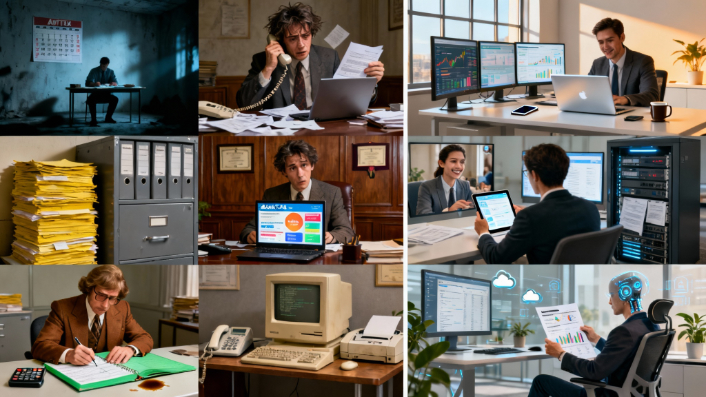 Split-screen photorealistic image contrasting outdated versus modern accounting practices. Left side shows five red flags in dim lighting: accountant working only during tax season with April calendar, stressed accountant reactively handling crisis with scattered papers, confused CPA struggling to understand modern business model on laptop, outdated office with filing cabinets and 1990s computer equipment, and accountant using complex jargon while client looks bewildered. Right side shows modern practices in bright lighting: year-round collaborative meetings, proactive strategic planning sessions, engaged discussions about business understanding, sleek office with cloud-based accounting software on modern monitors, and clear friendly communication between accountant and satisfied client.