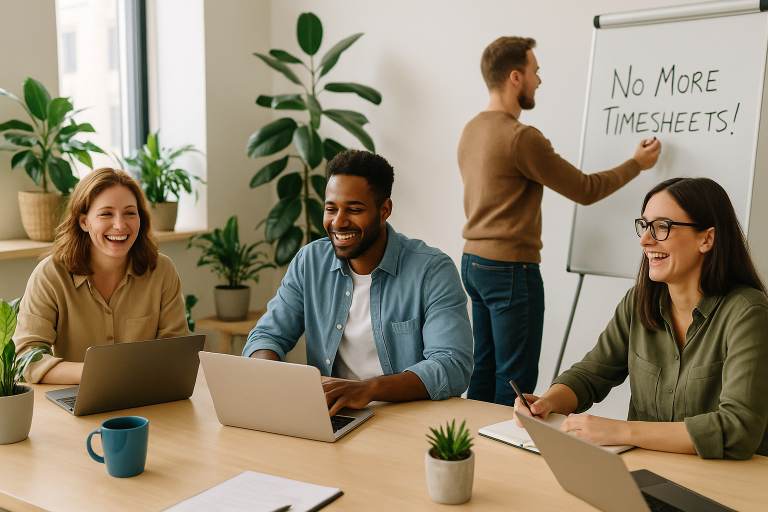 A smiling accounting team in a modern office celebrating flexible work and value-based pricing culture. A smiling accounting team in a modern office celebrating flexible work and value-based pricing culture.