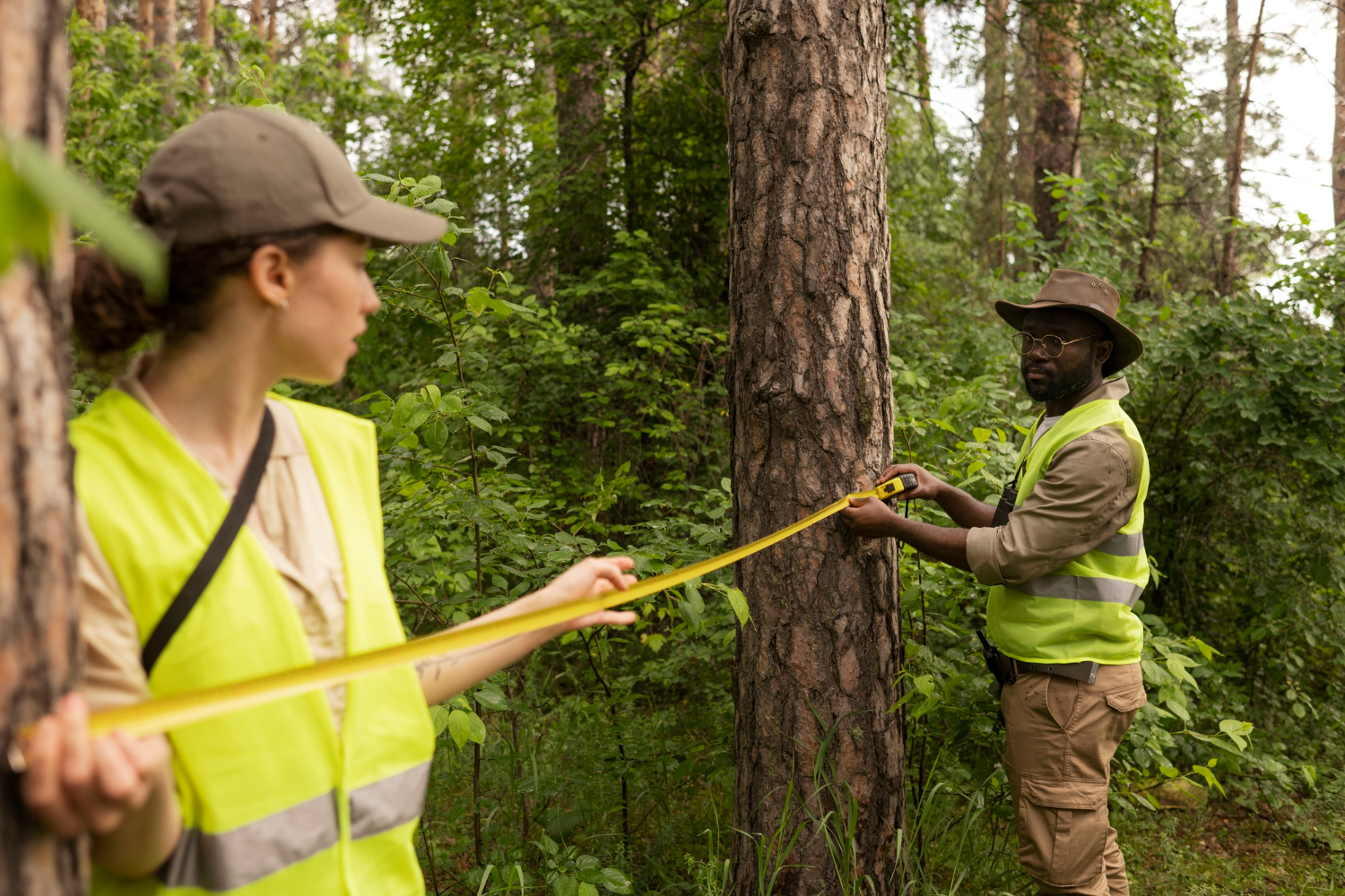 Two individuals wearing high-visibility vests and hats measure the circumference of a tree trunk using a yellow measuring tape in a forested area. One person holds the tape while the other wraps it around the tree, suggesting fieldwork for environmental research or forestry.