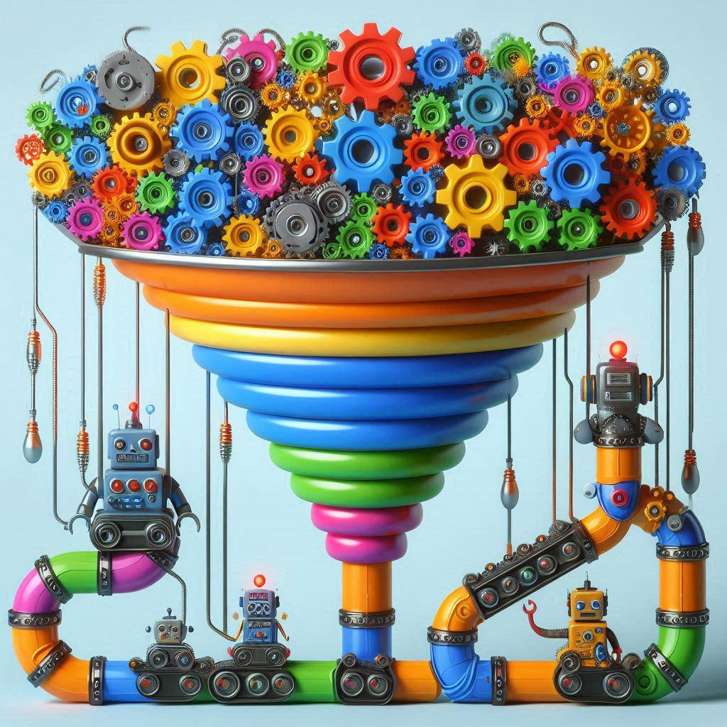 Illustration of a sales funnel with automation gears. Illustration of a sales funnel with automation gears.