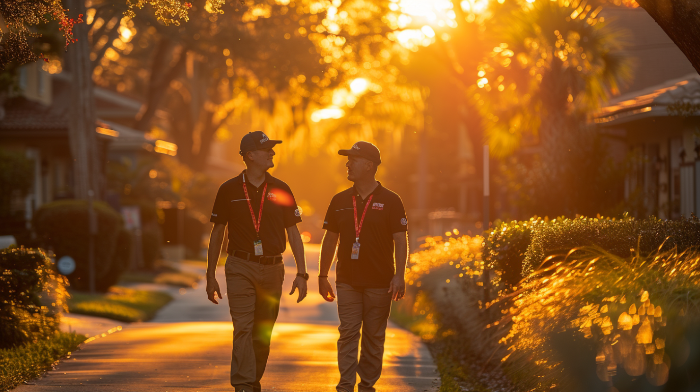 Soligo Pro sales representatives using a tablet to collect customer information while engaging in conversation at a doorstep. Soligo Pro sales representatives using a tablet to collect customer information while engaging in conversation at a doorstep.
