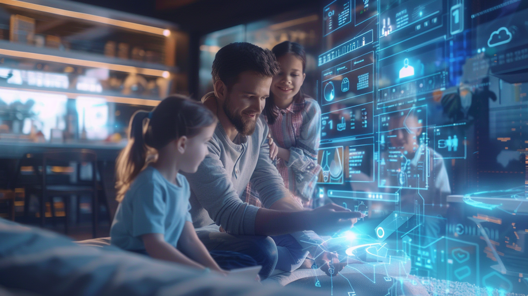 Family gathered around digital calendar interface, holographic schedules floating, AI assistant robot organizing events, smart home devices syncing, stress-free parents smiling, children playing in background, futuristic yet cozy living room setting