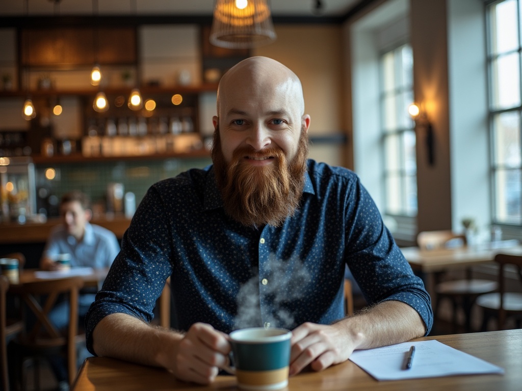 Subject in a coffee shop smiling at the camera with a steaming cup of coffee in front of subject