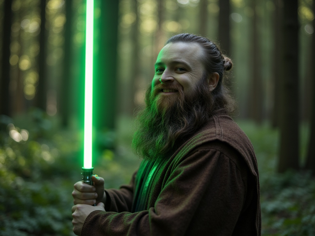 Jedi with long hair pulled back in a bun and a green lightsaber in a forest