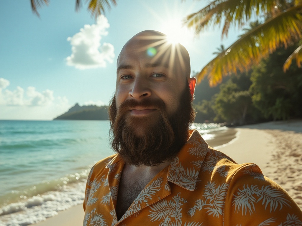 Beach selfie with sunshine behind subject's head