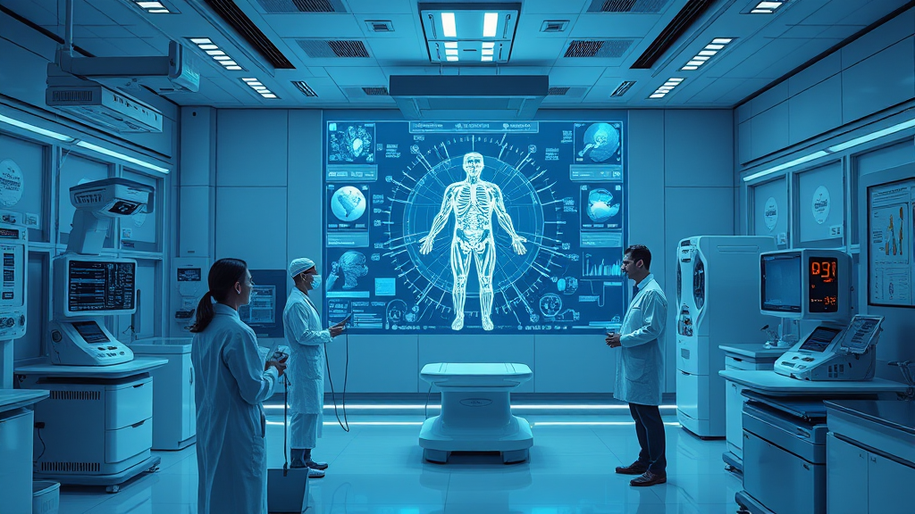 A high-tech medical laboratory with an AI diagnostic machine projecting real-time health data holograms, doctors analyzing the data, futuristic medical devices, cinematic lighting, sterile and precise environment, modern technological vibe A high-tech medical laboratory with an AI diagnostic machine projecting real-time health data holograms, doctors analyzing the data, futuristic medical devices, cinematic lighting, sterile and precise environment, modern technological vibe