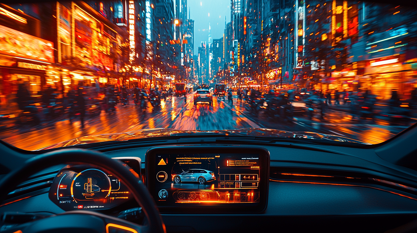 An autonomous vehicle gliding through a bustling city with no driver visible. The car’s dashboard displays AI navigation and safety metrics. In the background, pedestrians and cyclists move seamlessly, emphasizing the harmony of AI-powered transportation. A golden sunset bathes the scene, creating a cinematic and warm atmosphere. An autonomous vehicle gliding through a bustling city with no driver visible. The car’s dashboard displays AI navigation and safety metrics. In the background, pedestrians and cyclists move seamlessly, emphasizing the harmony of AI-powered transportation. A golden sunset bathes the scene, creating a cinematic and warm atmosphere.