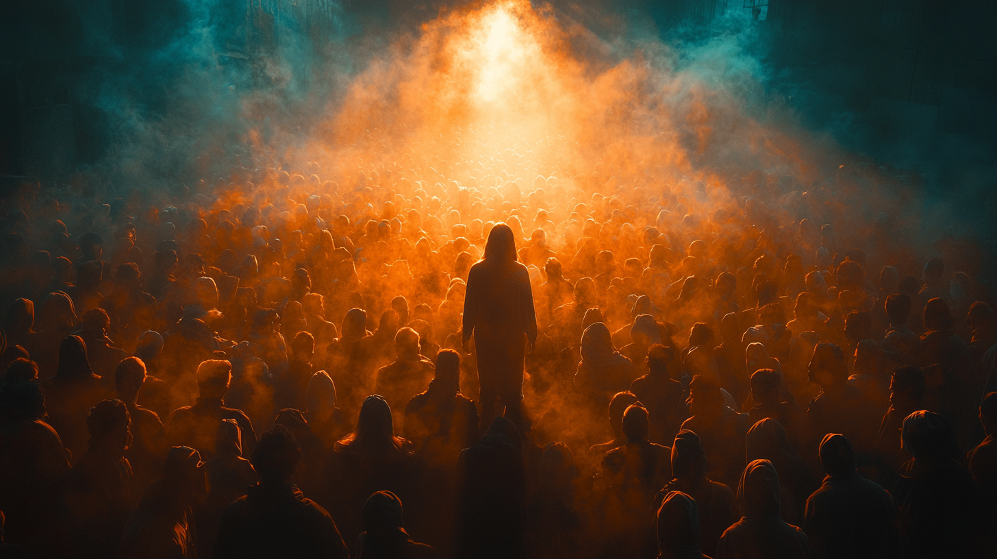 A chaotic crowd in muted colors with a bright spotlight highlighting a single person in vibrant clothing, cinematic focus, high contrast, dramatic lighting, rich tones, urban setting, symbolic storytelling. A chaotic crowd in muted colors with a bright spotlight highlighting a single person in vibrant clothing, cinematic focus, high contrast, dramatic lighting, rich tones, urban setting, symbolic storytelling.