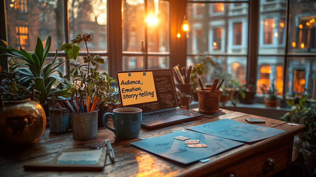A cozy creative workspace with a storyboard on the desk, sticky notes reading "Audience," "Emotion," "Storytelling," a cup of coffee, natural lighting streaming through the window, cinematic framing, vibrant and warm tones A cozy creative workspace with a storyboard on the desk, sticky notes reading "Audience," "Emotion," "Storytelling," a cup of coffee, natural lighting streaming through the window, cinematic framing, vibrant and warm tones