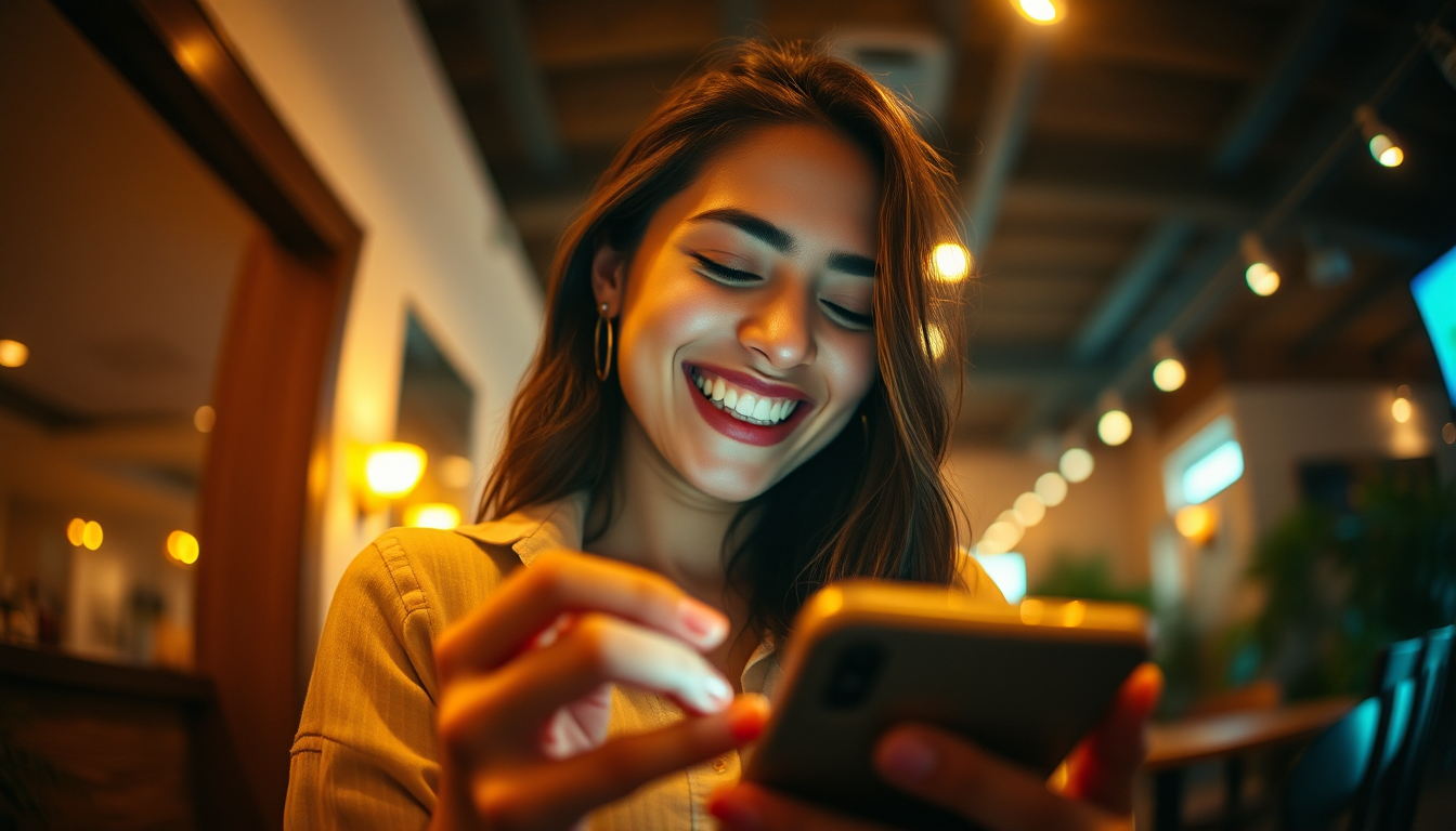 A young woman laughing with joy as she views her phone, warm ambient lighting, shallow depth of field, vibrant tones, cinematic color grading, intimate and relatable setting, background blurred for focus, A young woman laughing with joy as she views her phone, warm ambient lighting, shallow depth of field, vibrant tones, cinematic color grading, intimate and relatable setting, background blurred for focus,