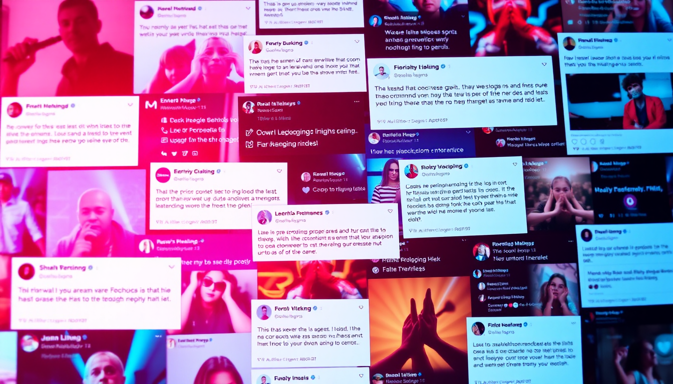 A digital collage of social media screenshots featuring hashtags, comments, and shared posts, vibrant colors, clean and dynamic composition, cinematic feel, glowing digital elements, modern and interactive design A digital collage of social media screenshots featuring hashtags, comments, and shared posts, vibrant colors, clean and dynamic composition, cinematic feel, glowing digital elements, modern and interactive design