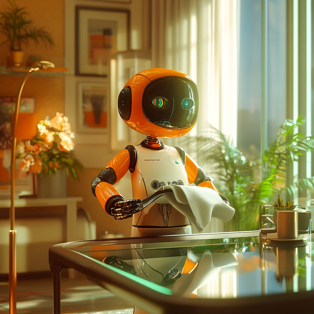 A sleek, orange and white humanoid robot with a futuristic design is seen cleaning a glass table with a cloth in a well-lit, modern home. The setting is warm and inviting, with lush green plants, stylish decor, and sunlight streaming through large windows. The robot's glowing eyes and friendly design suggest a helpful AI-powered home assistant. A sleek, orange and white humanoid robot with a futuristic design is seen cleaning a glass table with a cloth in a well-lit, modern home. The setting is warm and inviting, with lush green plants, stylish decor, and sunlight streaming through large windows. The robot's glowing eyes and friendly design suggest a helpful AI-powered home assistant.