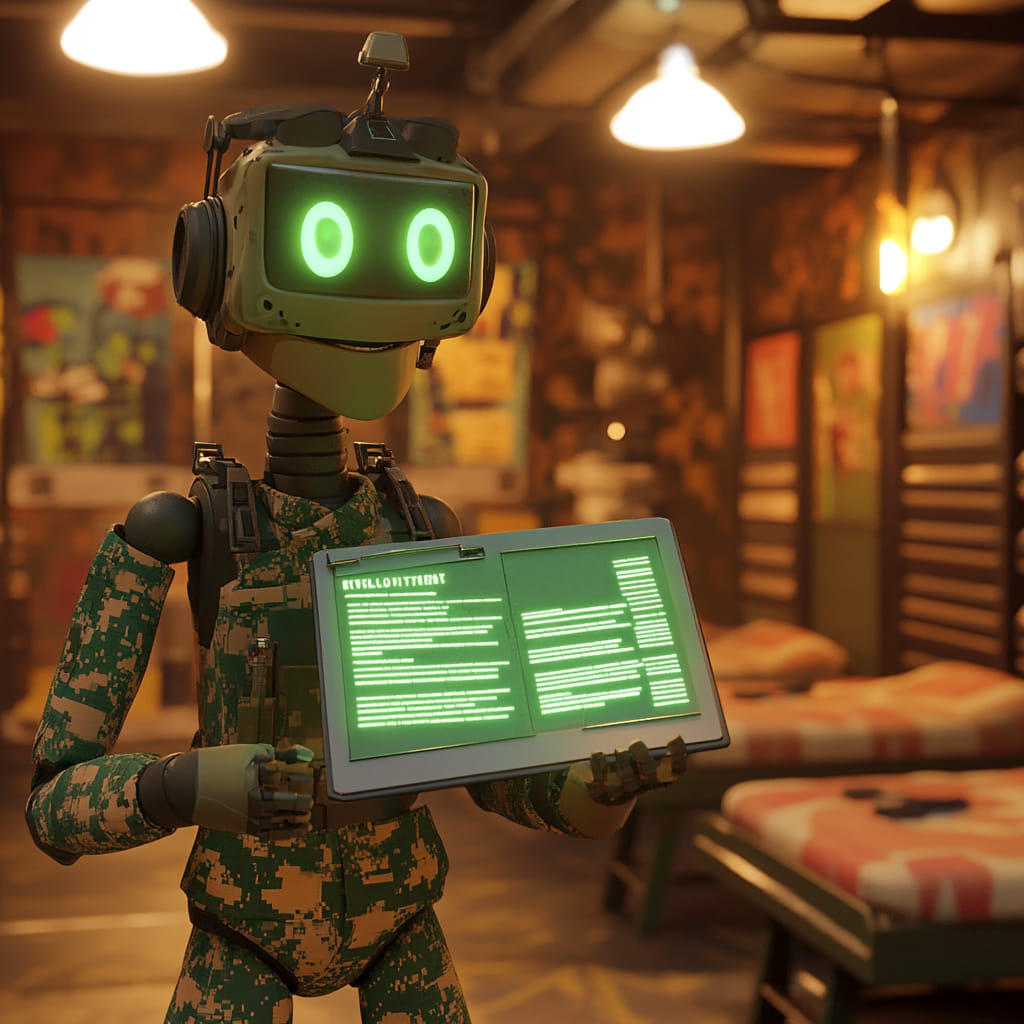 A green, military-themed humanoid robot with a screen-like face displaying glowing green eyes is standing in a rustic, industrial-style bunker. It holds a futuristic digital tablet filled with glowing green data, appearing as though it is briefing or analyzing important information. The robot wears tactical gear, blending a mix of technology and military utility. A green, military-themed humanoid robot with a screen-like face displaying glowing green eyes is standing in a rustic, industrial-style bunker. It holds a futuristic digital tablet filled with glowing green data, appearing as though it is briefing or analyzing important information. The robot wears tactical gear, blending a mix of technology and military utility.