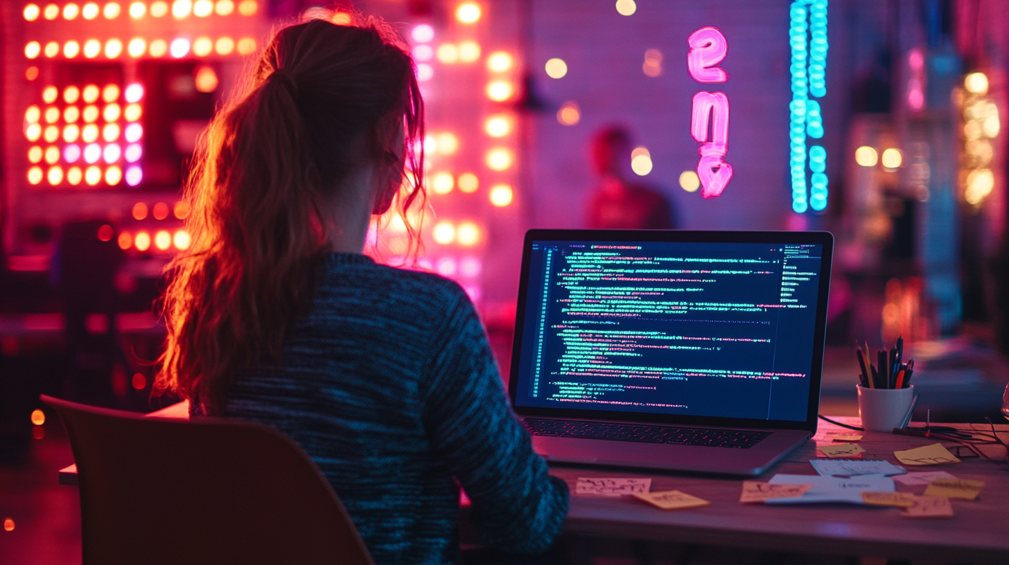 A cinematic photo of a modern workspace at night, glowing screens showing AI code, sticky notes with ideas, and a person intensely focused on a laptop ambient light from neon signs, dramatic contrast, 50mm lens, shallow depth of field, tech startup vibe A cinematic photo of a modern workspace at night, glowing screens showing AI code, sticky notes with ideas, and a person intensely focused on a laptop ambient light from neon signs, dramatic contrast, 50mm lens, shallow depth of field, tech startup vibe