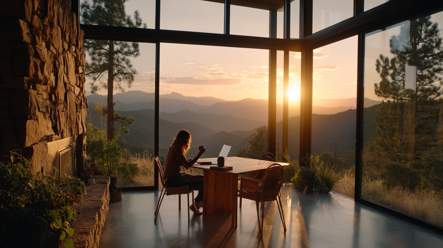 Wide shot of a digital nomad in a remote mountain cabin, voice-controlling a glowing AI interface while sipping coffee, dramatic sunrise light streaming through windows, modern-rustic interior, cinematic color grading, contrast between technology and nature, storytelling composition Wide shot of a digital nomad in a remote mountain cabin, voice-controlling a glowing AI interface while sipping coffee, dramatic sunrise light streaming through windows, modern-rustic interior, cinematic color grading, contrast between technology and nature, storytelling composition