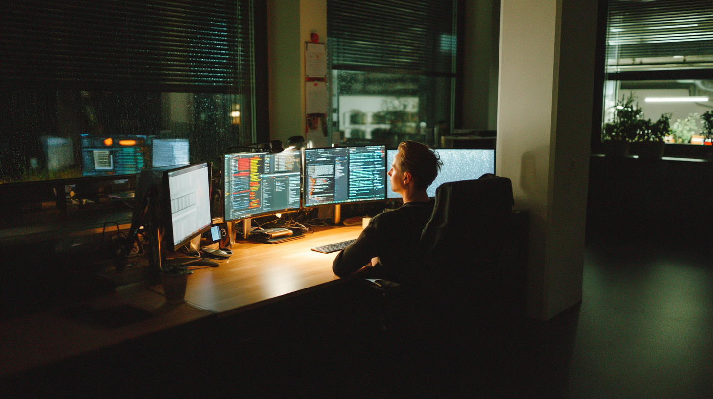 A confident solo builder working late at night, illuminated by dual monitors showcasing a no-code dashboard and Stripe API integration screen, cinematic side lighting through blinds, modern workspace, ambient glow, warm color grading, rain-speckled window in the background, photographed with a 50mm lens A confident solo builder working late at night, illuminated by dual monitors showcasing a no-code dashboard and Stripe API integration screen, cinematic side lighting through blinds, modern workspace, ambient glow, warm color grading, rain-speckled window in the background, photographed with a 50mm lens