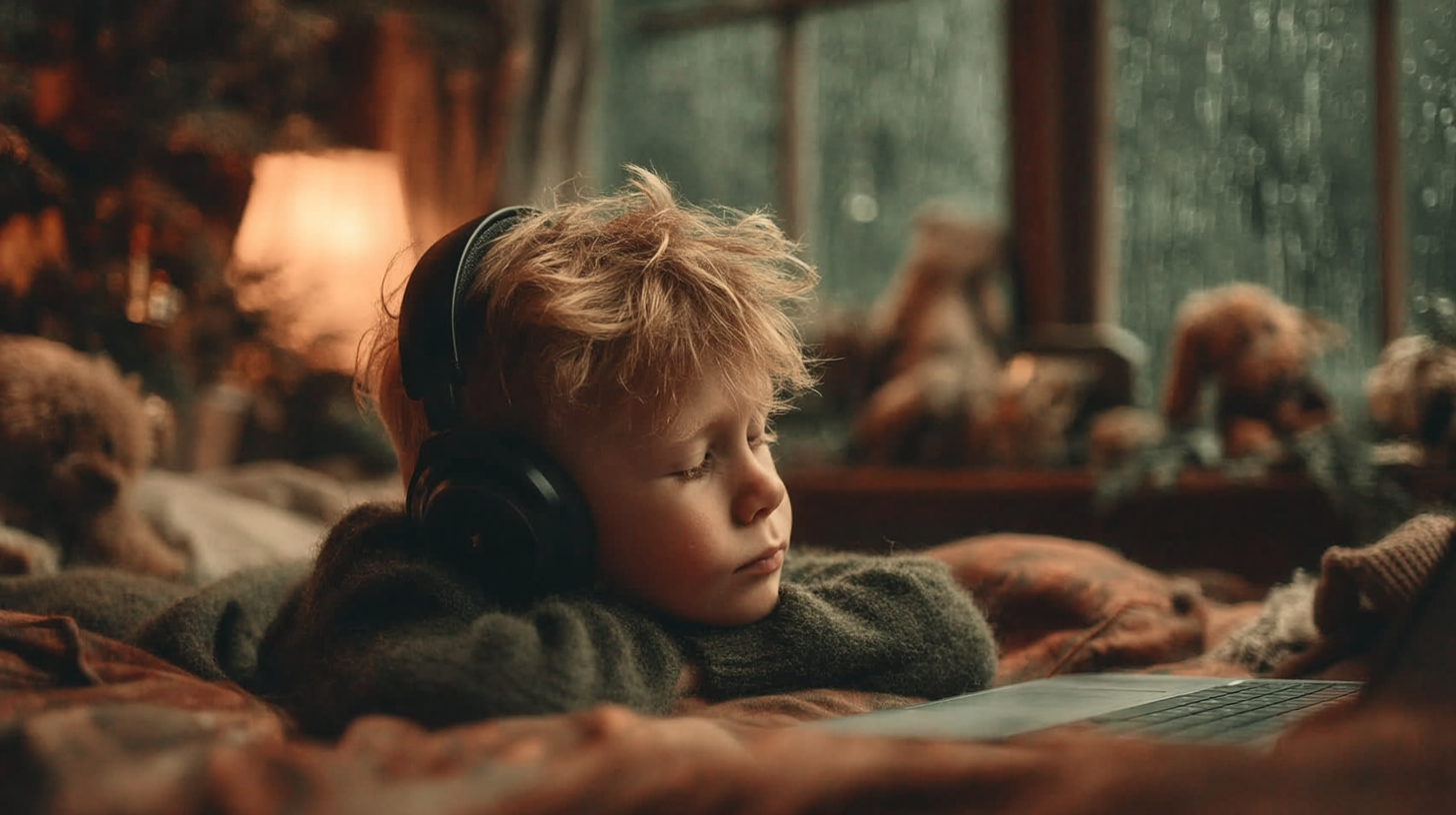 Child attending remote school in 2020: cluttered bedroom, child wearing headphones, staring at laptop screen, sad and isolated expression, dark rainy window, muted colors, handheld cinematic shot, natural lighting Child attending remote school in 2020: cluttered bedroom, child wearing headphones, staring at laptop screen, sad and isolated expression, dark rainy window, muted colors, handheld cinematic shot, natural lighting