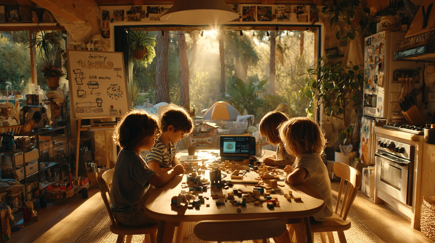 A cozy family kitchen during a bright summer morning, kids sitting at a wooden table interacting with an AI-powered language learning app, parent assisting while prepping lunch, visible whiteboard showing "daily routine" with tech time and outdoor play blocks, sunlight streaming through window, airy and candid, shot with 50mm lens, rich color tones, cinematic lifestyle photography A cozy family kitchen during a bright summer morning, kids sitting at a wooden table interacting with an AI-powered language learning app, parent assisting while prepping lunch, visible whiteboard showing "daily routine" with tech time and outdoor play blocks, sunlight streaming through window, airy and candid, shot with 50mm lens, rich color tones, cinematic lifestyle photography