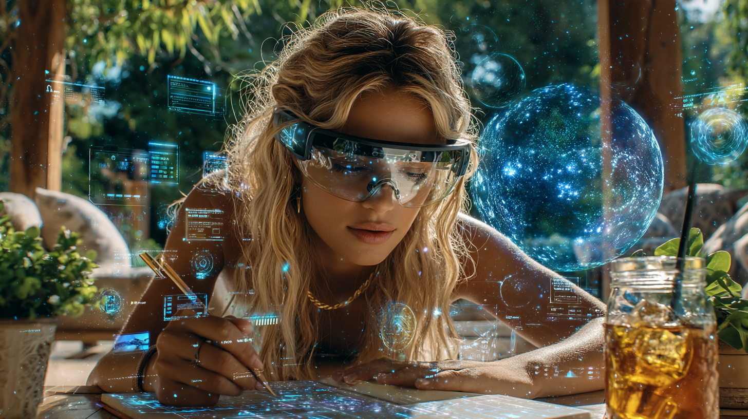 Teen girl on a sunny porch using a smart glasses display to study a science project, holographic elements floating subtly, potted plants and iced tea on the table, cinematic color grading, photo-realistic, lifestyle summer aesthetic, focus on empowerment and curiosity Teen girl on a sunny porch using a smart glasses display to study a science project, holographic elements floating subtly, potted plants and iced tea on the table, cinematic color grading, photo-realistic, lifestyle summer aesthetic, focus on empowerment and curiosity