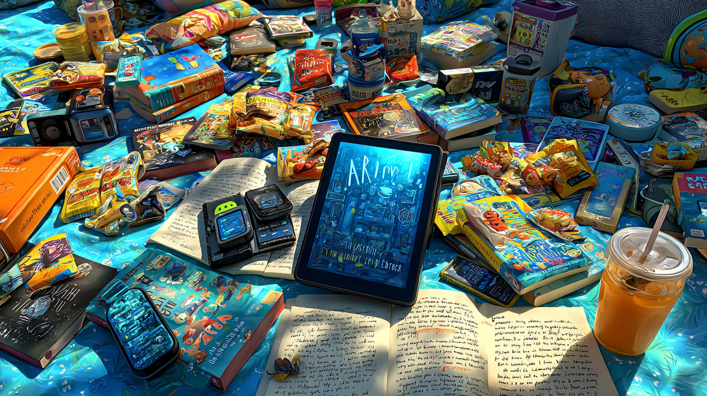 Overhead shot of a picnic blanket in a park with scattered AI-powered devices (smartwatch, e-reader, tablet), surrounded by handwritten notes, storybooks, and snacks, vibrant summer colors, natural sunlight, soft shadows, educational tech meets leisure, 35mm lens Overhead shot of a picnic blanket in a park with scattered AI-powered devices (smartwatch, e-reader, tablet), surrounded by handwritten notes, storybooks, and snacks, vibrant summer colors, natural sunlight, soft shadows, educational tech meets leisure, 35mm lens