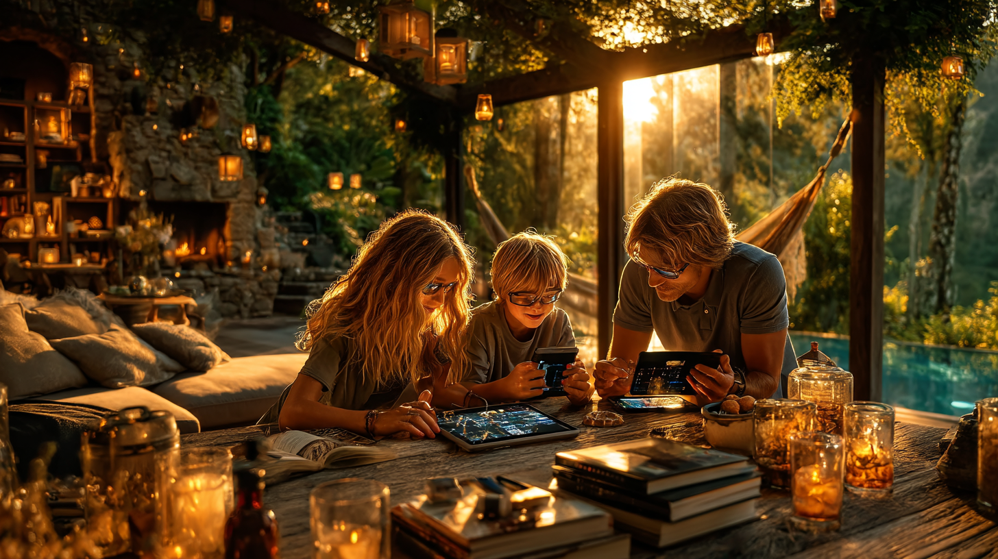 A warm summer afternoon, a modern family sits on a backyard deck using tablets and smart glasses, surrounded by books and lemonade, cinematic sunlight casting soft shadows, lush greenery, realistic expressions, photo-realistic, 50mm lens, golden hour lighting, lifestyle photography A warm summer afternoon, a modern family sits on a backyard deck using tablets and smart glasses, surrounded by books and lemonade, cinematic sunlight casting soft shadows, lush greenery, realistic expressions, photo-realistic, 50mm lens, golden hour lighting, lifestyle photography