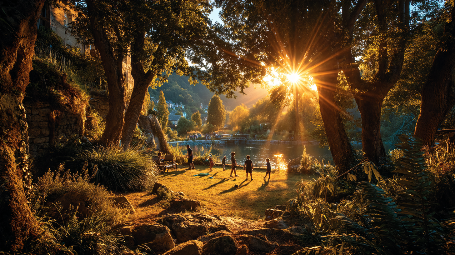 A cinematic summer scene of kids playing outdoors under golden hour sunlight, a parent watching proudly in the background, subtle smart tech elements like AI-powered glasses or smartwatches, lush greenery, dramatic lens flare, filmic color grading, 35mm depth of field A cinematic summer scene of kids playing outdoors under golden hour sunlight, a parent watching proudly in the background, subtle smart tech elements like AI-powered glasses or smartwatches, lush greenery, dramatic lens flare, filmic color grading, 35mm depth of field