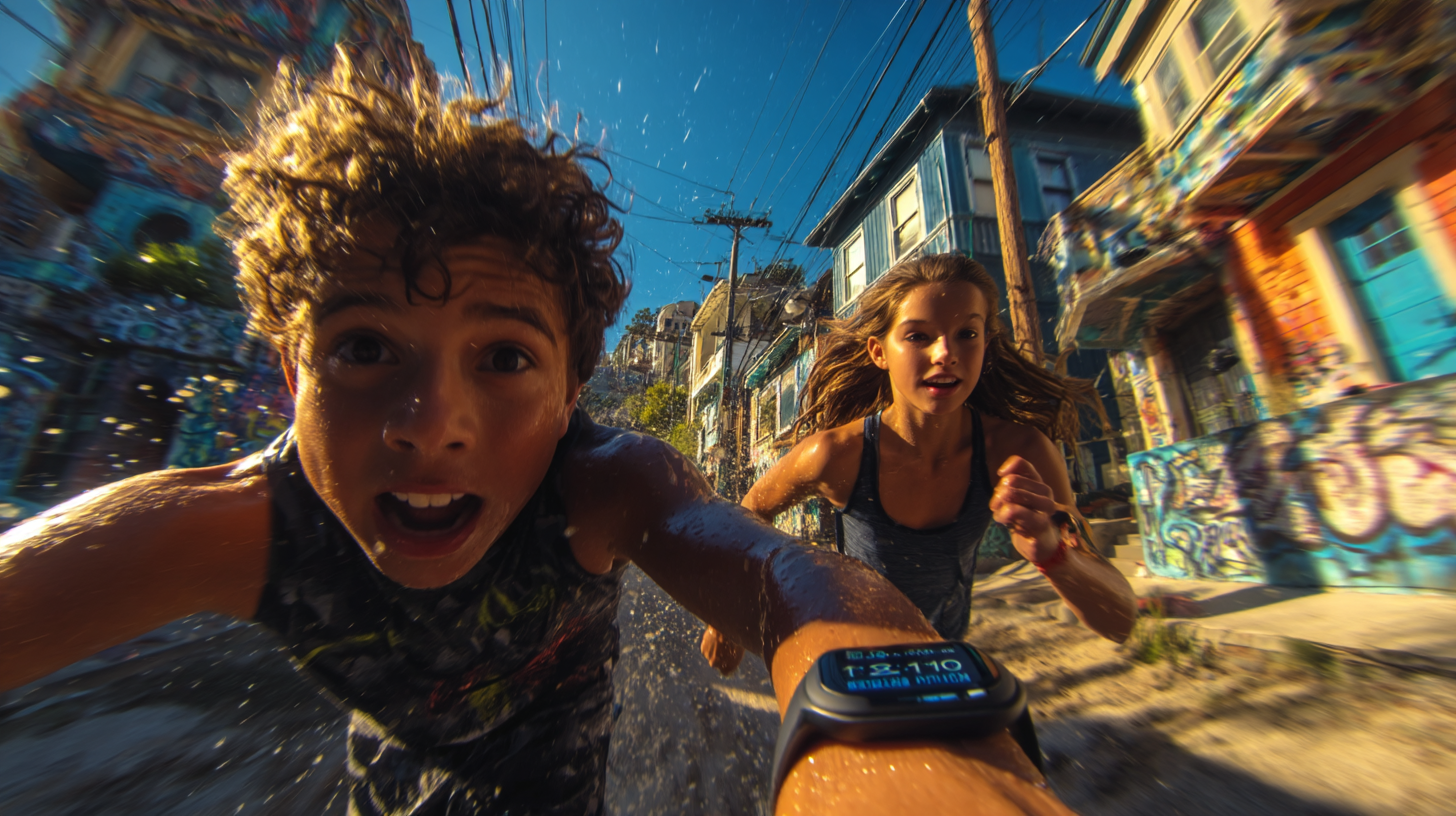 Two kids in athletic gear running through a vibrant neighborhood obstacle course, guided by an AI assistant on a smartwatch, dynamic camera angle, high contrast lighting, warm summer tones, motion blur to emphasize action Two kids in athletic gear running through a vibrant neighborhood obstacle course, guided by an AI assistant on a smartwatch, dynamic camera angle, high contrast lighting, warm summer tones, motion blur to emphasize action