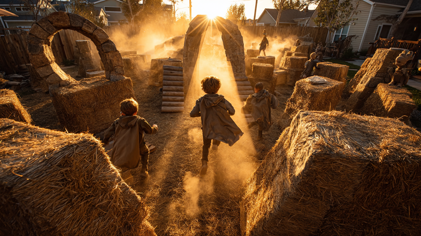Kids dressed as adventurers (capes, cardboard swords) completing a backyard obstacle course based on a personalized AI story, playful chaos, dramatic golden light, vintage lens flare, natural textures, inspired by 80s family films Kids dressed as adventurers (capes, cardboard swords) completing a backyard obstacle course based on a personalized AI story, playful chaos, dramatic golden light, vintage lens flare, natural textures, inspired by 80s family films