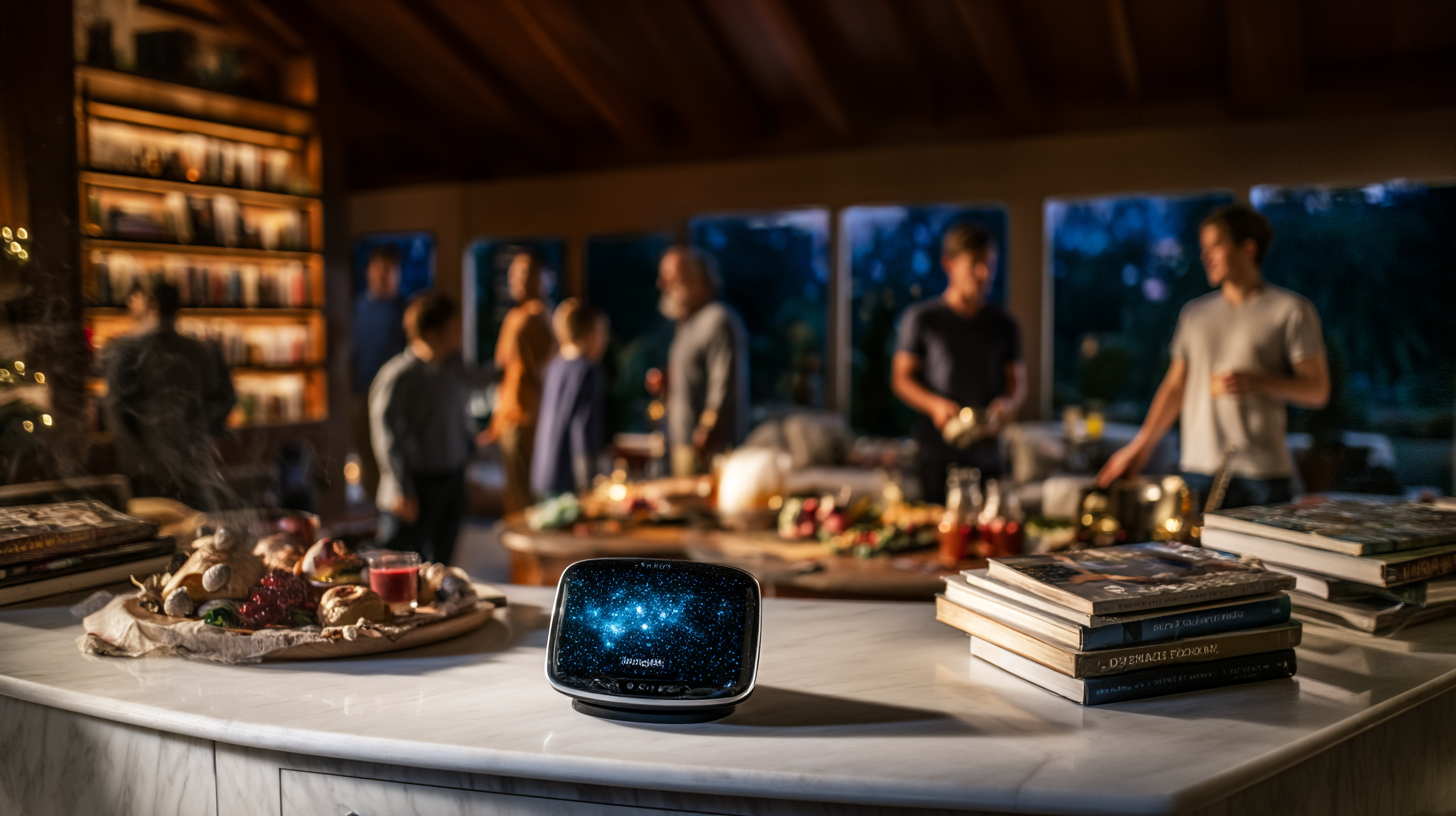 A cinematic, photo-realistic living room scene at golden hour, an Amazon Echo Show prominently placed on a bookshelf, soft ambient lighting, a family in the background preparing dinner together, warm colors and cozy textures, shallow depth of field, 35mm lens look, lifestyle photography style A cinematic, photo-realistic living room scene at golden hour, an Amazon Echo Show prominently placed on a bookshelf, soft ambient lighting, a family in the background preparing dinner together, warm colors and cozy textures, shallow depth of field, 35mm lens look, lifestyle photography style