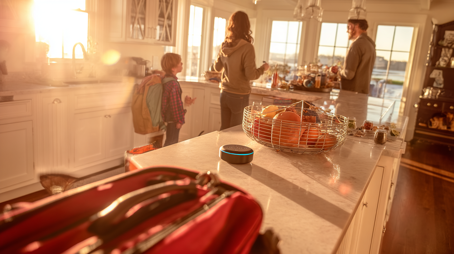 A bright, natural-lit kitchen at sunrise, an Alexa Echo Dot on the counter playing music, a child packing a school bag and a parent sipping coffee, family-friendly modern decor, soft shadows and highlights, candid lifestyle composition, cinematic photography. A bright, natural-lit kitchen at sunrise, an Alexa Echo Dot on the counter playing music, a child packing a school bag and a parent sipping coffee, family-friendly modern decor, soft shadows and highlights, candid lifestyle composition, cinematic photography.