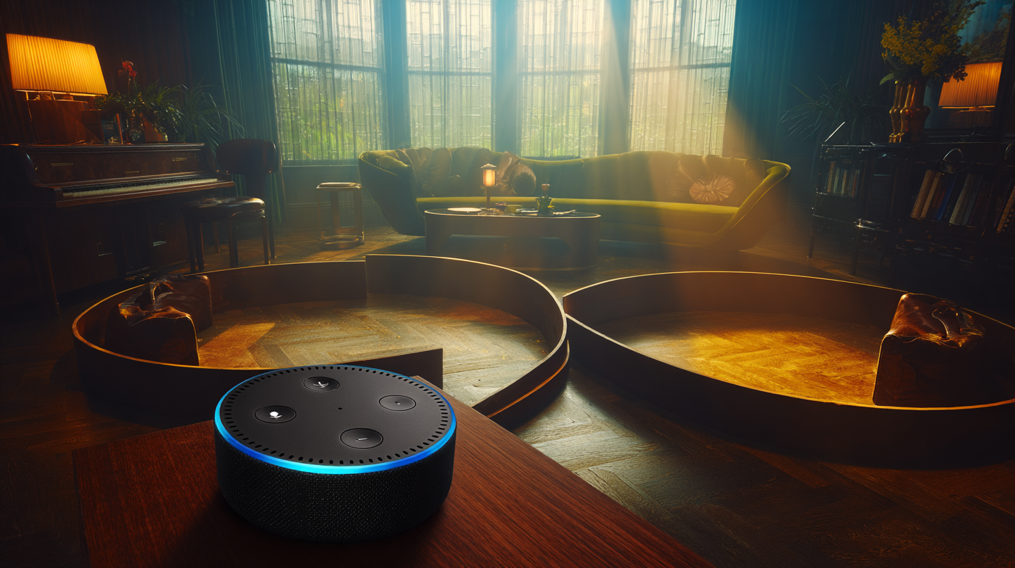 Interior of a smart home at dusk, Alexa device initiating a "dinner routine" with lights dimming, smart blinds closing, and music playing, mid-century modern interior, atmospheric lighting with visible light pools, 50mm lens framing, cinematic home automation storytelling Interior of a smart home at dusk, Alexa device initiating a "dinner routine" with lights dimming, smart blinds closing, and music playing, mid-century modern interior, atmospheric lighting with visible light pools, 50mm lens framing, cinematic home automation storytelling