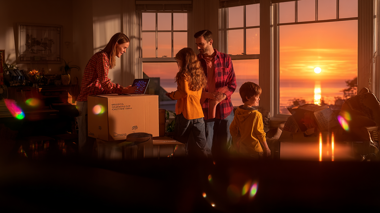 A young couple and two kids packing moving boxes with smiles and AI assistant hologram on a tablet helping organize tasks golden hour light streaming through windows, cinematic lens flare, high-contrast colors, lifestyle scene, Sony A7R IV, emotional storytelling A young couple and two kids packing moving boxes with smiles and AI assistant hologram on a tablet helping organize tasks golden hour light streaming through windows, cinematic lens flare, high-contrast colors, lifestyle scene, Sony A7R IV, emotional storytelling