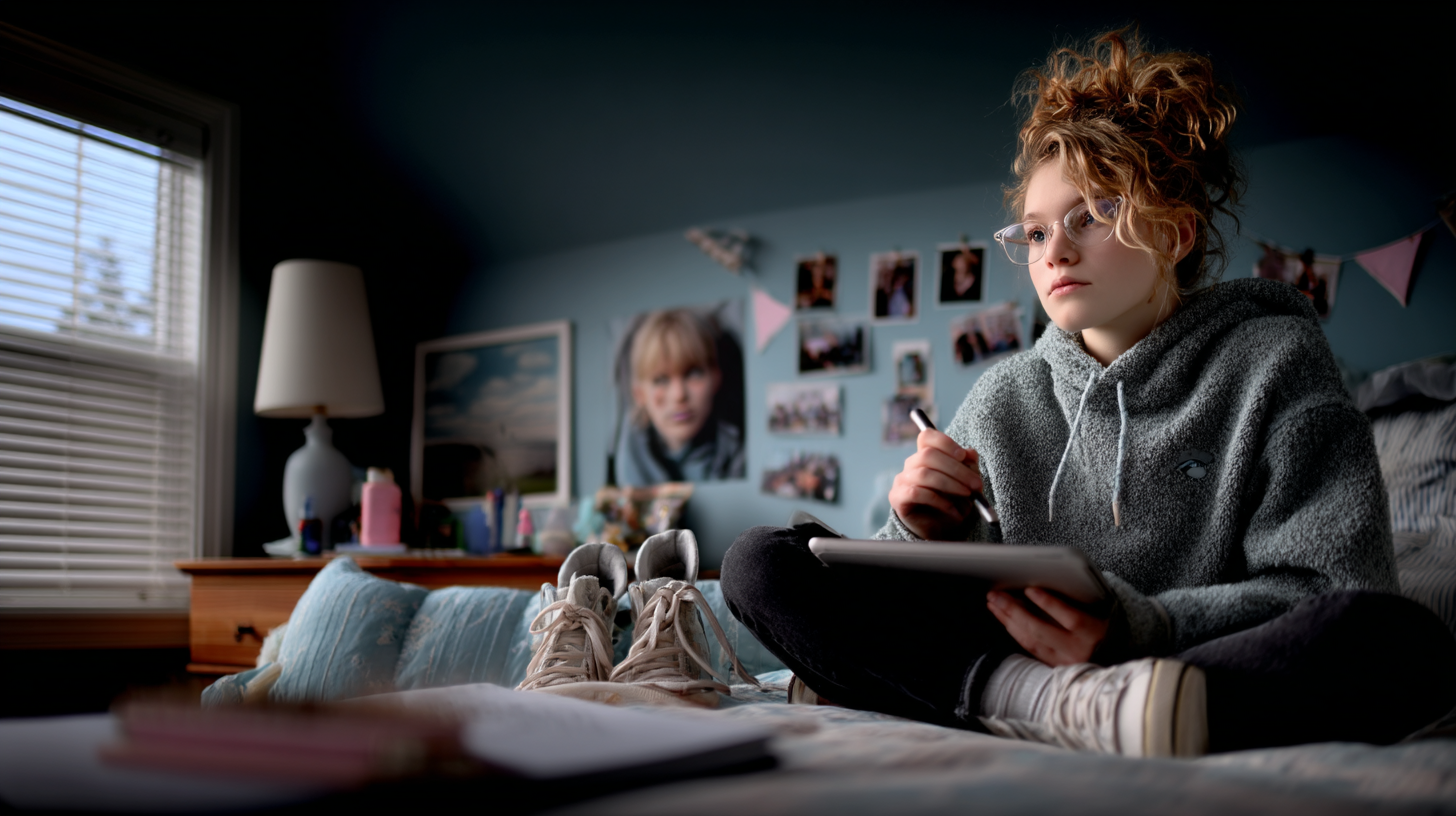 A teenager sitting on a bed in a softly lit bedroom, engaged in a heartfelt AI-guided journaling session on a tablet, photos of loved ones in the background cinematic shadows, soft contrast, emotional portrait photography, Fujifilm GFX100S, ambient mood A teenager sitting on a bed in a softly lit bedroom, engaged in a heartfelt AI-guided journaling session on a tablet, photos of loved ones in the background cinematic shadows, soft contrast, emotional portrait photography, Fujifilm GFX100S, ambient mood