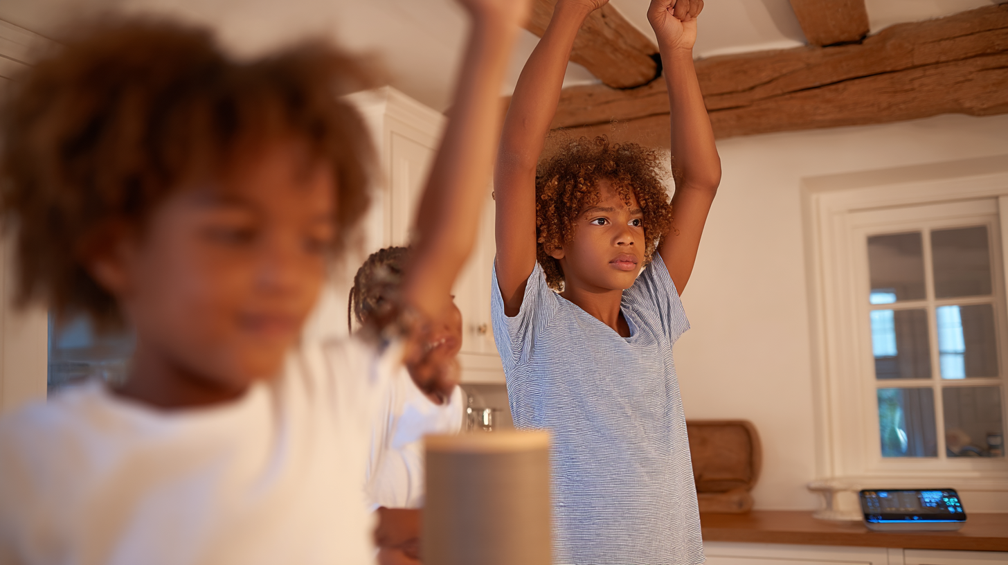 Three children in a sunlit kitchen playfully arguing over TV time, while a smart home assistant projects a fair activity schedule on the wall vibrant colors, dynamic composition, lifestyle documentary photography, candid moment, Canon EOS R5, 35mm lens Three children in a sunlit kitchen playfully arguing over TV time, while a smart home assistant projects a fair activity schedule on the wall vibrant colors, dynamic composition, lifestyle documentary photography, candid moment, Canon EOS R5, 35mm lens