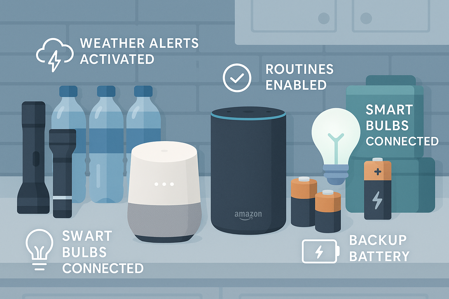 A modern infographic-style scene illustrating a checklist of tornado emergency preparation steps: icons for a smart speaker, flashing lights, backup battery, labeled safe room door, and kids using voice commands. Layout features side-by-side visual cues with minimalist icons and brief bold captions (e.g., 'Enable Alerts', 'Set Routines', 'Backup Power', 'Practice Drills'). Clean background, high-contrast colors, professional magazine-style look. A modern infographic-style scene illustrating a checklist of tornado emergency preparation steps: icons for a smart speaker, flashing lights, backup battery, labeled safe room door, and kids using voice commands. Layout features side-by-side visual cues with minimalist icons and brief bold captions (e.g., 'Enable Alerts', 'Set Routines', 'Backup Power', 'Practice Drills'). Clean background, high-contrast colors, professional magazine-style look.