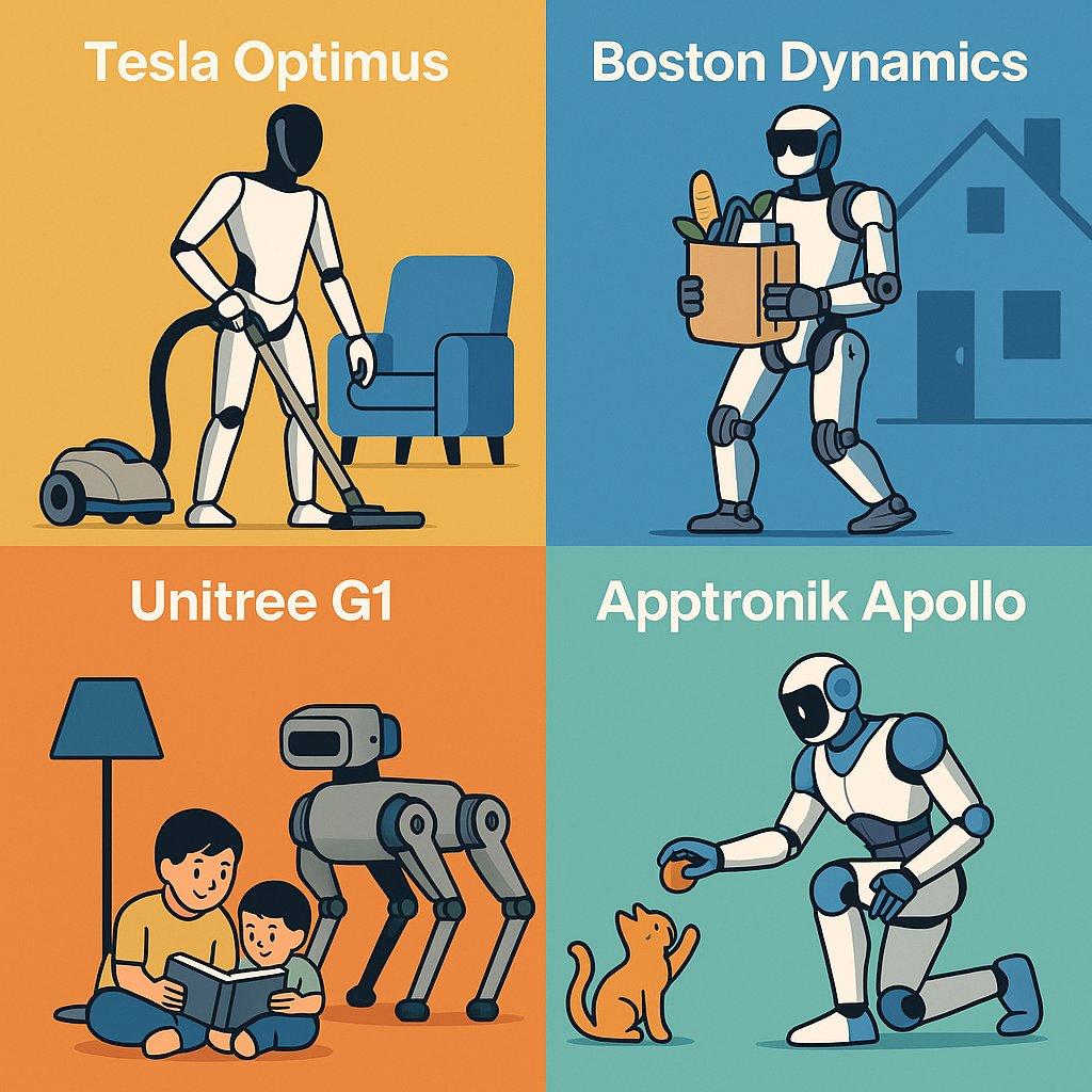 A modern, infographic-style illustration: split into four Quadrants, each displaying a different robot model (Tesla Optimus, Boston Dynamics Atlas, Unitree G1, Apptronik Apollo) engaged in unique tasks—vacuuming, carrying groceries, reading to a child, and playing with a pet. Clean lines, bold color blocks, tech-inspired fonts labeling each robot by name, with friendly, approachable design language suitable for families. A modern, infographic-style illustration: split into four Quadrants, each displaying a different robot model (Tesla Optimus, Boston Dynamics Atlas, Unitree G1, Apptronik Apollo) engaged in unique tasks—vacuuming, carrying groceries, reading to a child, and playing with a pet. Clean lines, bold color blocks, tech-inspired fonts labeling each robot by name, with friendly, approachable design language suitable for families.