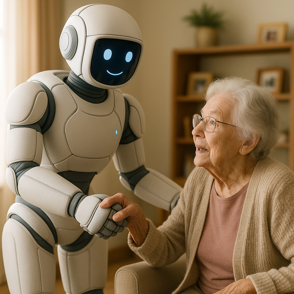 A close-up, professional photo of a humanoid robot gently assisting an elderly woman up from a chair—capturing care, soft touch, and advanced safety features. The background suggests a cozy home environment with natural light and family photos, while the robot's design emphasizes padded surfaces, friendly face display, and subtle LED safety indicators. Emphasize dignity, safety, and intergenerational support. A close-up, professional photo of a humanoid robot gently assisting an elderly woman up from a chair—capturing care, soft touch, and advanced safety features. The background suggests a cozy home environment with natural light and family photos, while the robot's design emphasizes padded surfaces, friendly face display, and subtle LED safety indicators. Emphasize dignity, safety, and intergenerational support.