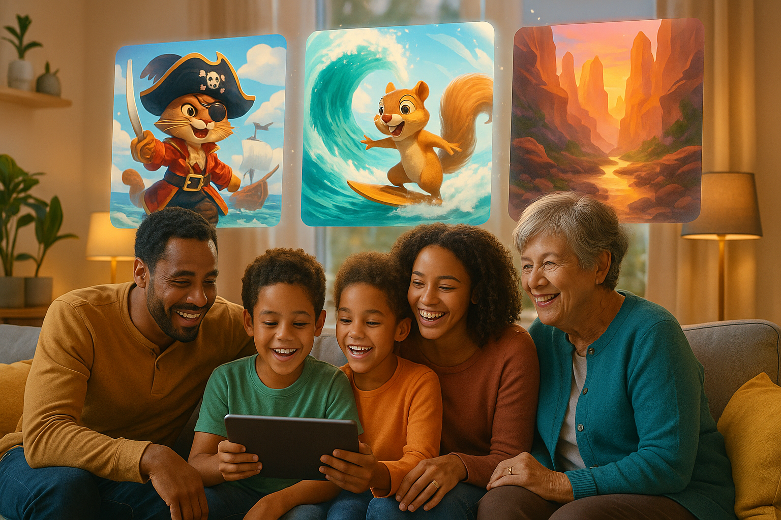 A diverse, multi-generational family sits together on a living room sofa, smiling and laughing as they look at a tablet. Above them, three vibrant, AI-generated story illustrations appear: a pirate cat, a surfing squirrel, and a scenic canyon landscape. The image captures the magic of sharing digital stories and creating family memories across generations. A diverse, multi-generational family sits together on a living room sofa, smiling and laughing as they look at a tablet. Above them, three vibrant, AI-generated story illustrations appear: a pirate cat, a surfing squirrel, and a scenic canyon landscape. The image captures the magic of sharing digital stories and creating family memories across generations.