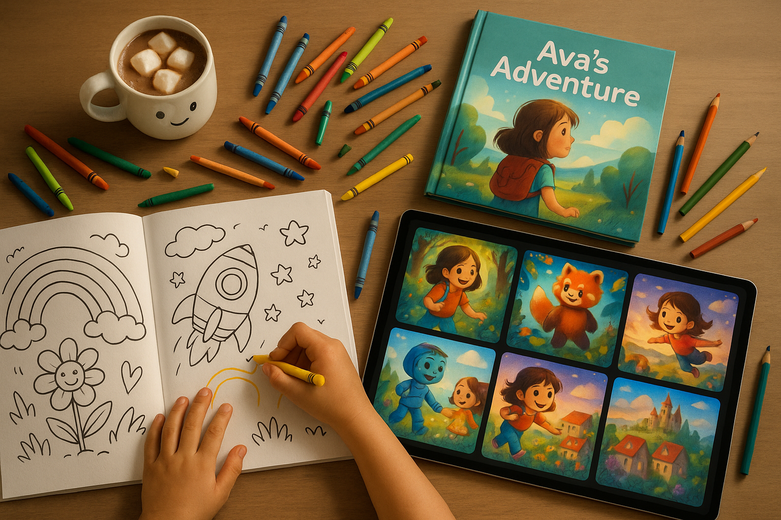 A child’s hand colors a rocket ship and rainbow in a coloring book surrounded by colorful crayons, a mug of hot chocolate with marshmallows, a children’s storybook titled "Ava’s Adventure," and a tablet displaying vibrant, illustrated story scenes featuring a young girl and animal characters. The scene highlights creative family storytelling using both traditional and digital art tools. A child’s hand colors a rocket ship and rainbow in a coloring book surrounded by colorful crayons, a mug of hot chocolate with marshmallows, a children’s storybook titled "Ava’s Adventure," and a tablet displaying vibrant, illustrated story scenes featuring a young girl and animal characters. The scene highlights creative family storytelling using both traditional and digital art tools.